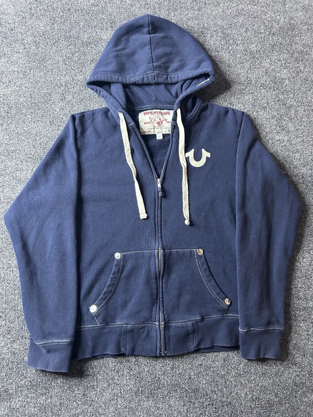 True Religion Y2K Navy Graphic Hoodie with Buddha Guitar Logo Size Small